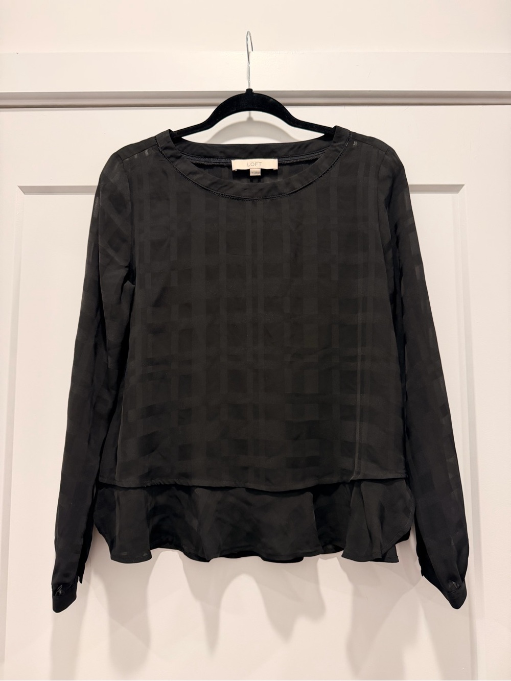LOFT Black Layered Sheer-Check Long Sleeve Blouse